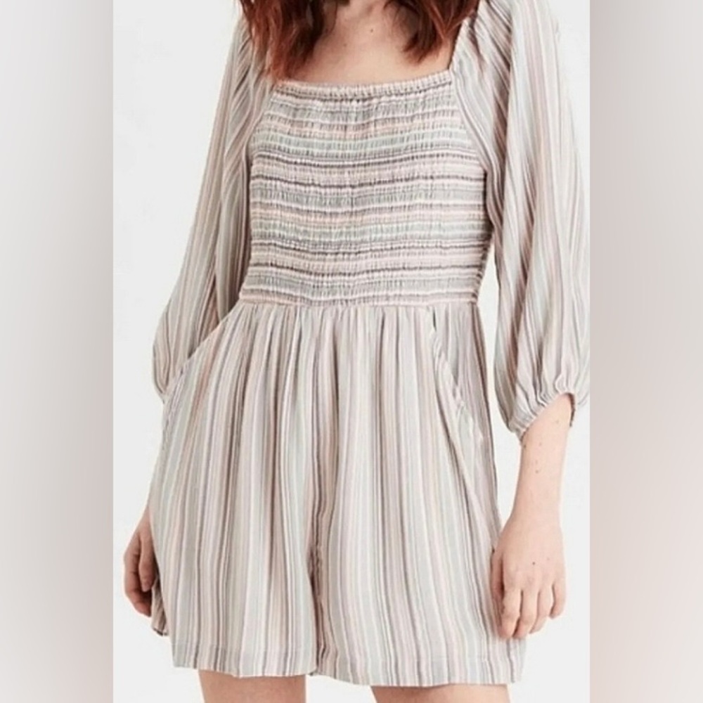American Eagle Outfitters Neutral Stripe Smocked Jumpsuit w 3/4 Sleeve - M